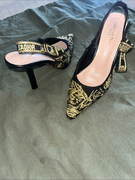 Dior Shoes - Dior Black and Gold Embroidered J'Adior Slingback Heels